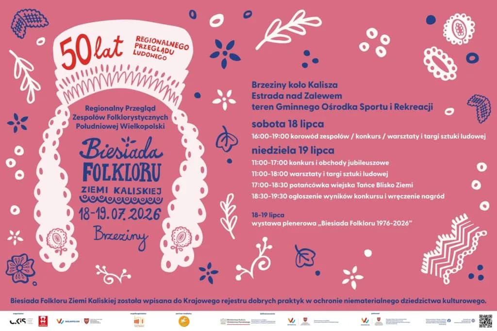 A magenta background is filled with white and blue folk art decorations, framing the text of an event poster in Polish, advertising Biesiada Folkloru 2026.
